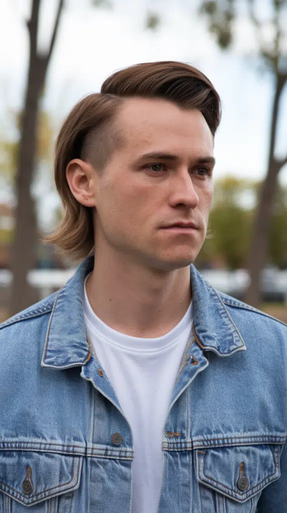 A medium shot of a man with medium-length brown hair wearing a French Crop Taper hairstyle. He is wearing a denim jacket and a white shirt