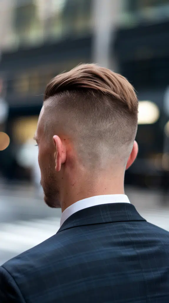 A photo of a low fade French crop haircut on a man. The haircut has a modern style