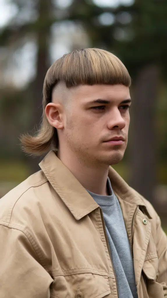 A photo of a man with a French Crop Mullet hairstyle. He is wearing a beige jacket and a gray shirt