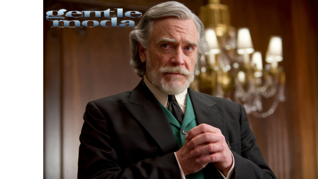 A-cinematic-medium-shot-of-an-old-money-man-with-a-white-beard-and-mustache-wearing-a-black-suit-and-a-green-vest.-He-has-his-hands-clasped-together.