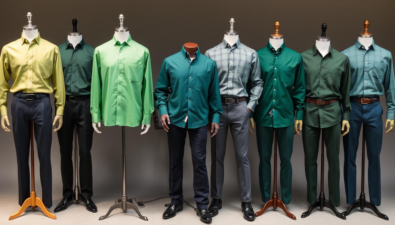 A collection of green dress shirts displayed on mannequins representing various body types, featuring a variety of styles and fits