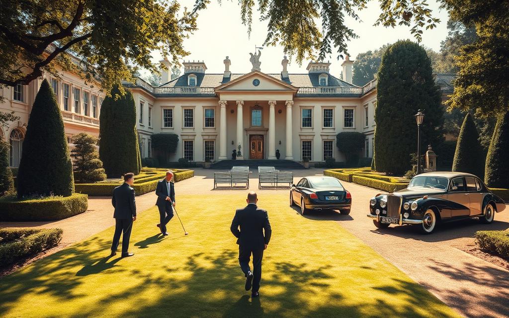 A-lavish-mansion-with-classical-architecture-surrounded-by-manicured-gardens-and-elegant-pathways-featuring-men-in-tailored-suits.