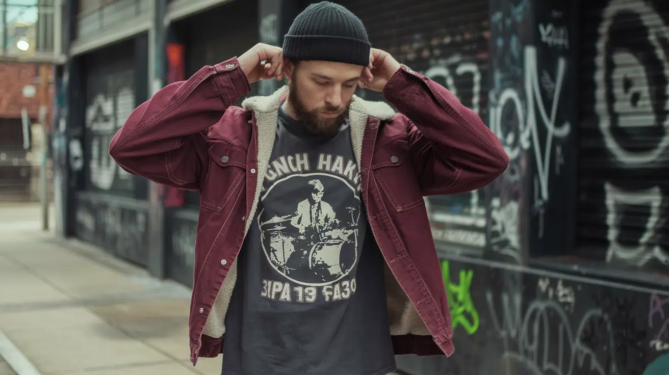 A photo of a male model wearing streetwear clothing