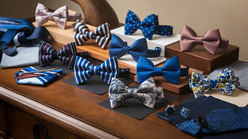 A photo of a wooden table with a collection of stylish butterfly bow ties