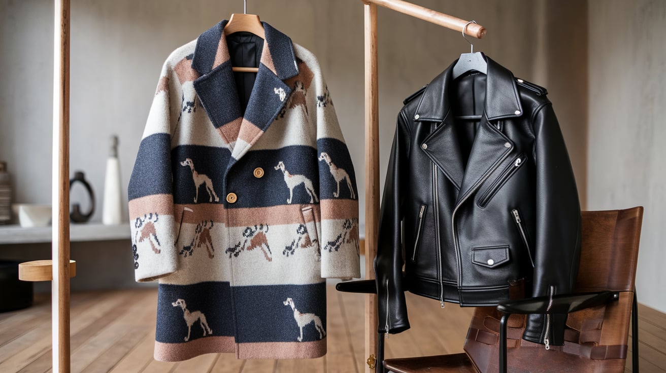 A stylish coat hanging on a wooden rack beside a sleek jacket draped over a chair