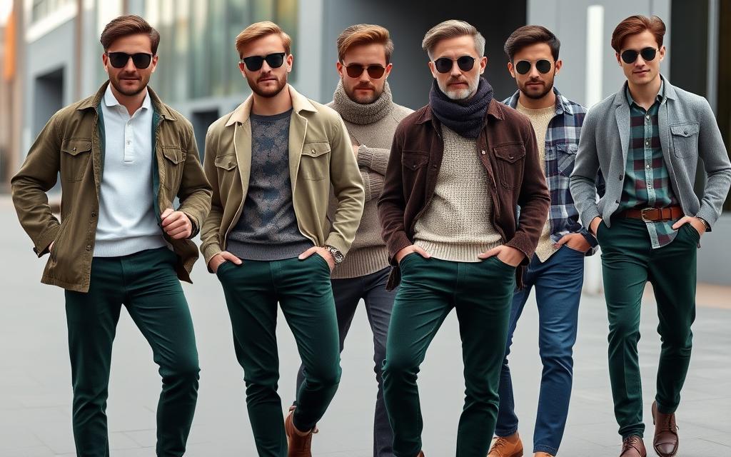 Stylish men's outfits featuring dark green corduroy pants, layered with various transitional fashion elements such as lightweight jackets, cozy sweaters