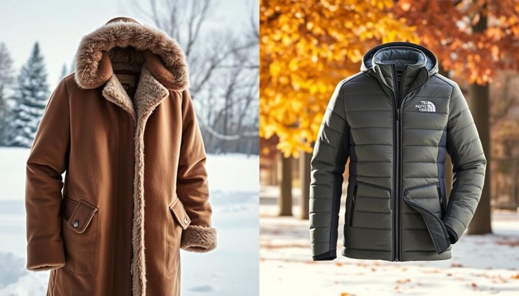 A split image showcasing a coat on one side and a jacket on the other,