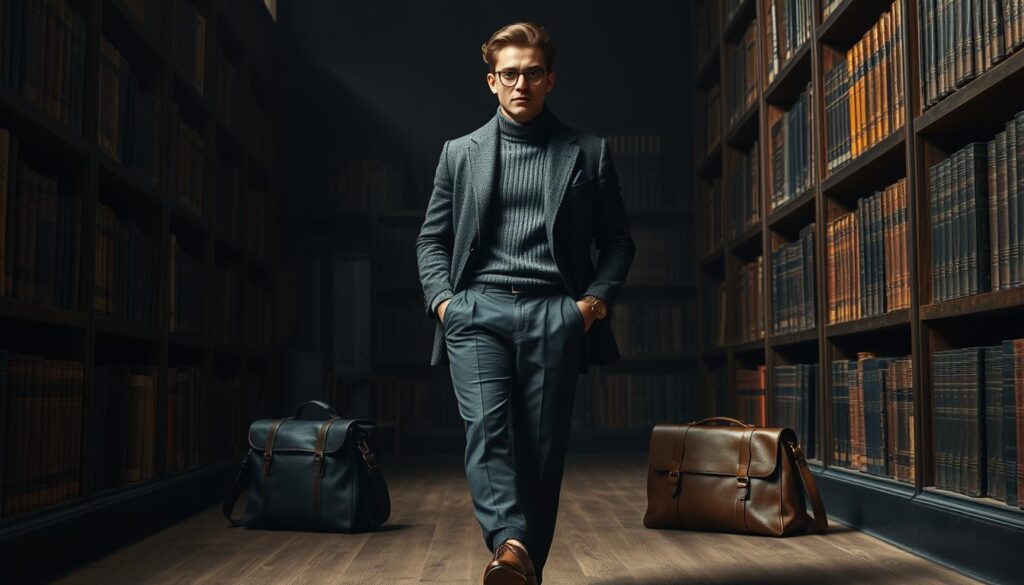 Stylish man in glasses and blazer stands between leather briefcases in dark library with wooden floor