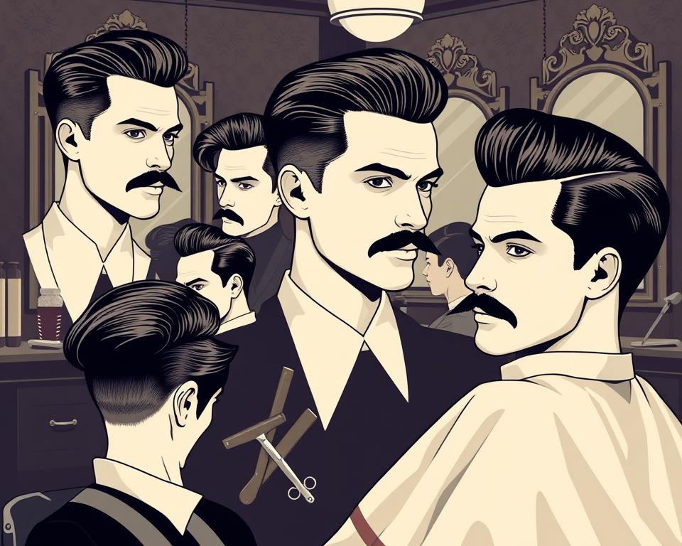 A  barbershop scene showcasing a variety of 1930s men's hairstyles