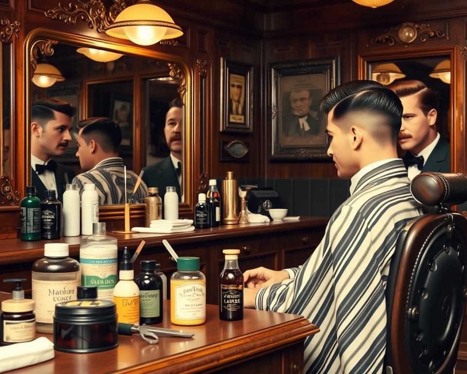 A  barbershop scene from the 1930s, showcasing elegant men's grooming products like pomades