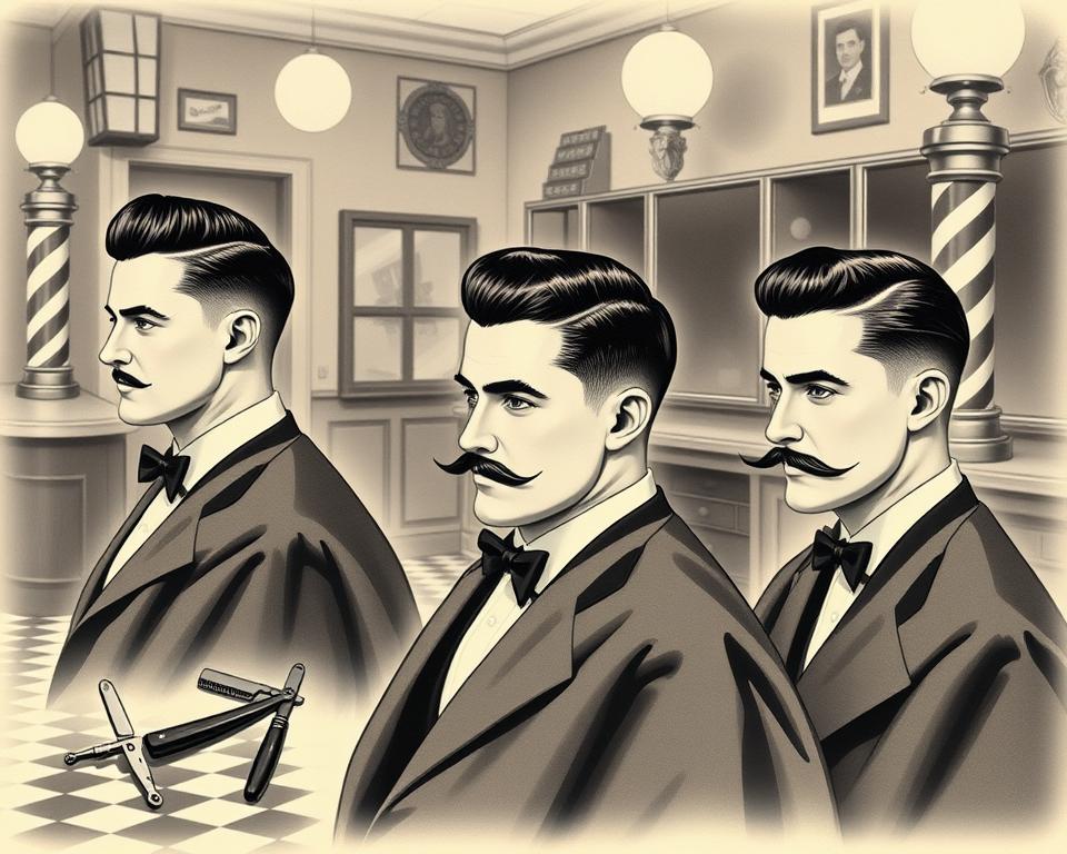 barber shop scene showcasing a variety of 1930s men's haircuts and grooming techniques, including a classic pompadour