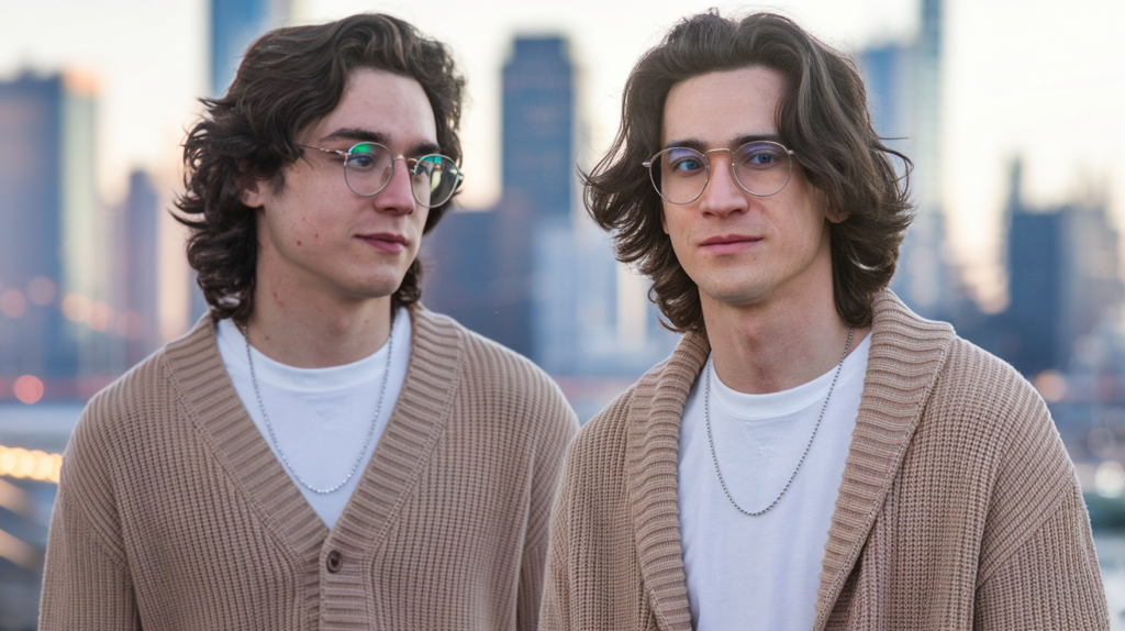 A photo of a soft boy aesthetic date night outfits. There's a man with long, wavy hair wearing a beige cardigan over a white shirt