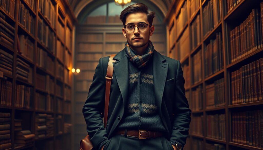 Dark academia fashion exemplified: Man in vintage coat and patterned scarf stands amid warmly lit library stacks.