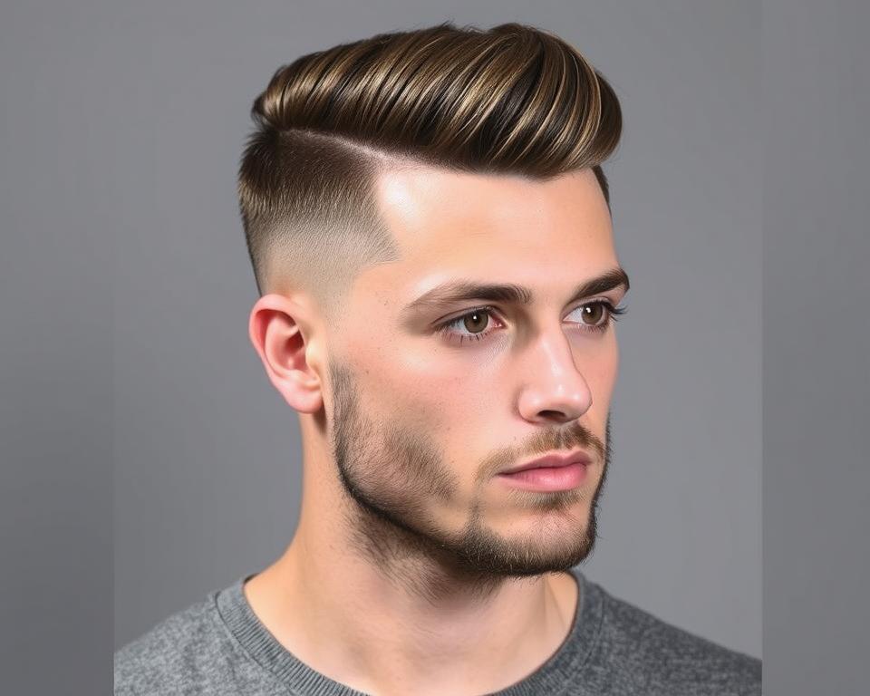 Highlighted brown fade hairstyle on a male model, showcasing a modern twist with sharp fades and luminous highlights