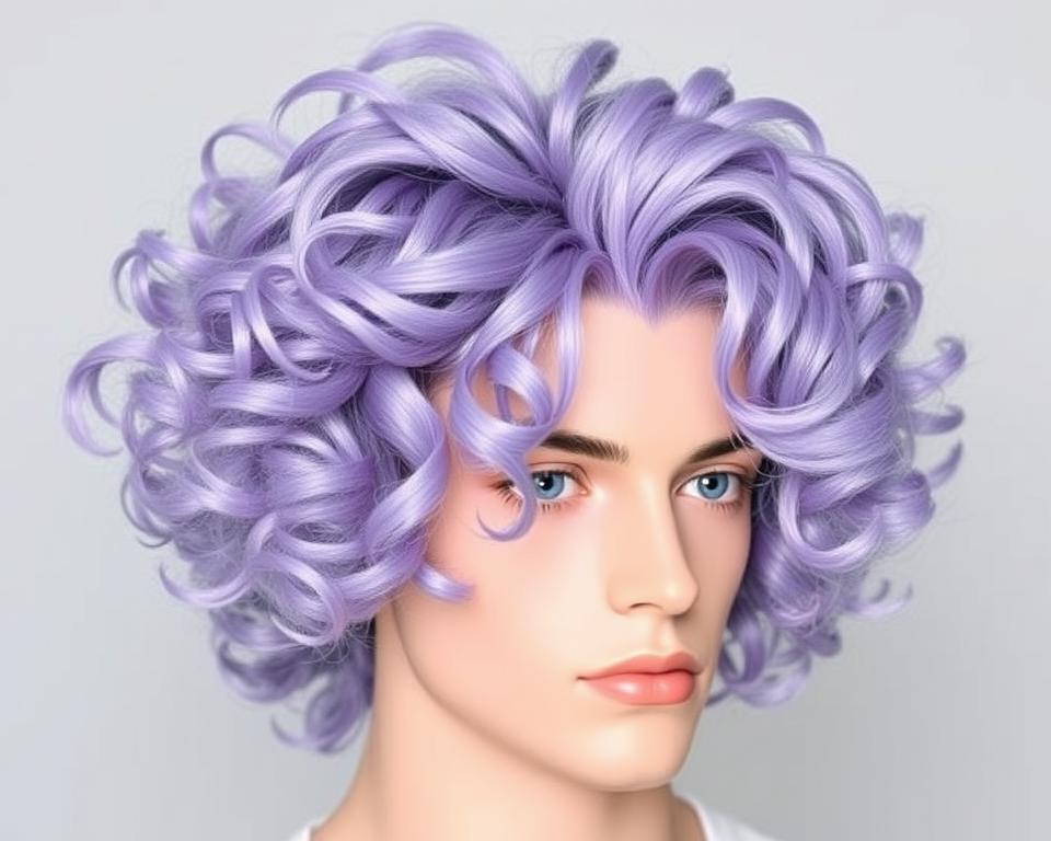 Lavender perm hairstyle on a male figure, showcasing voluminous curls and soft pastel hues