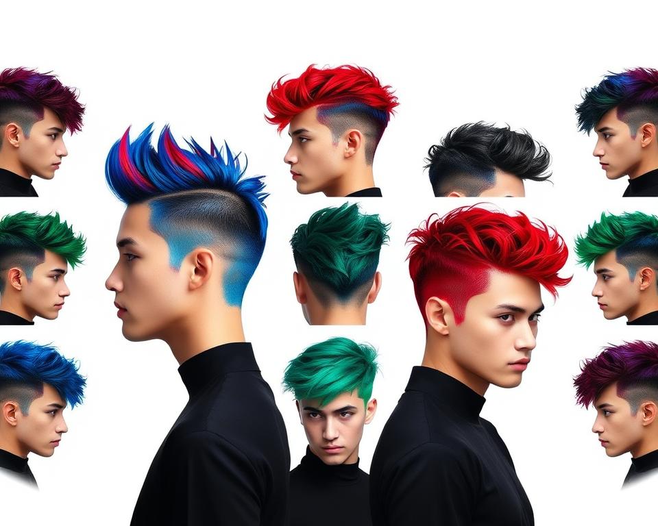 An artistic display of color block hairstyles for men, featuring vibrant contrasting colors like electric blue, fiery red, and deep emerald green, styled in various edgy and modern cuts