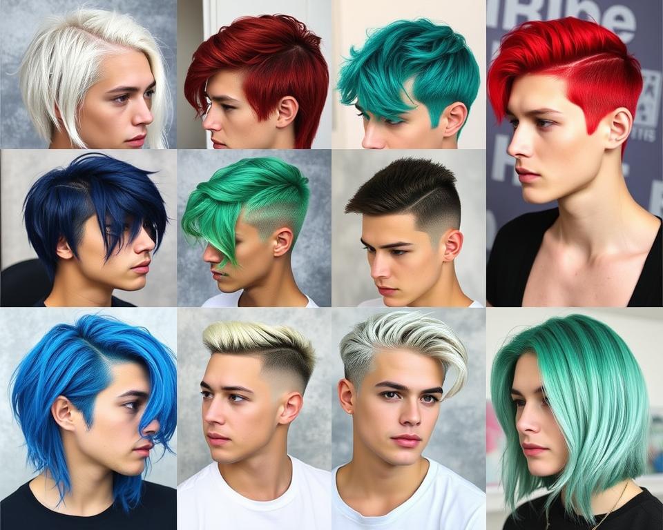 A collage of diverse male hairstyles featuring a spectrum of vibrant hair colors