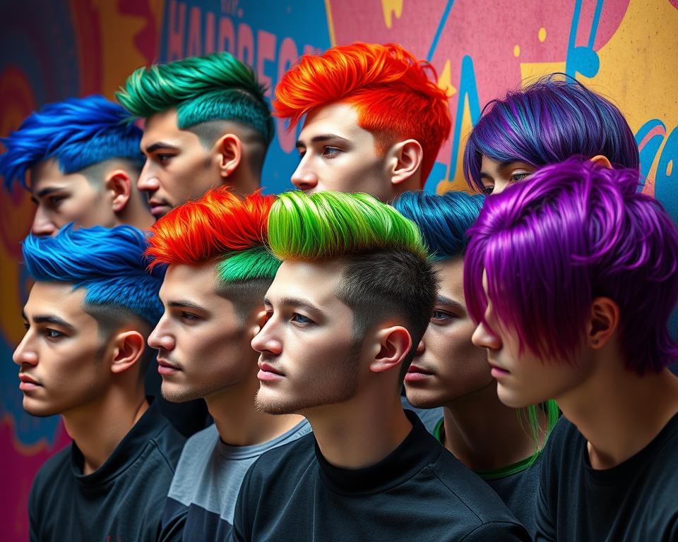 A vibrant assortment of men's hairstyles showcasing bold hair color transformations