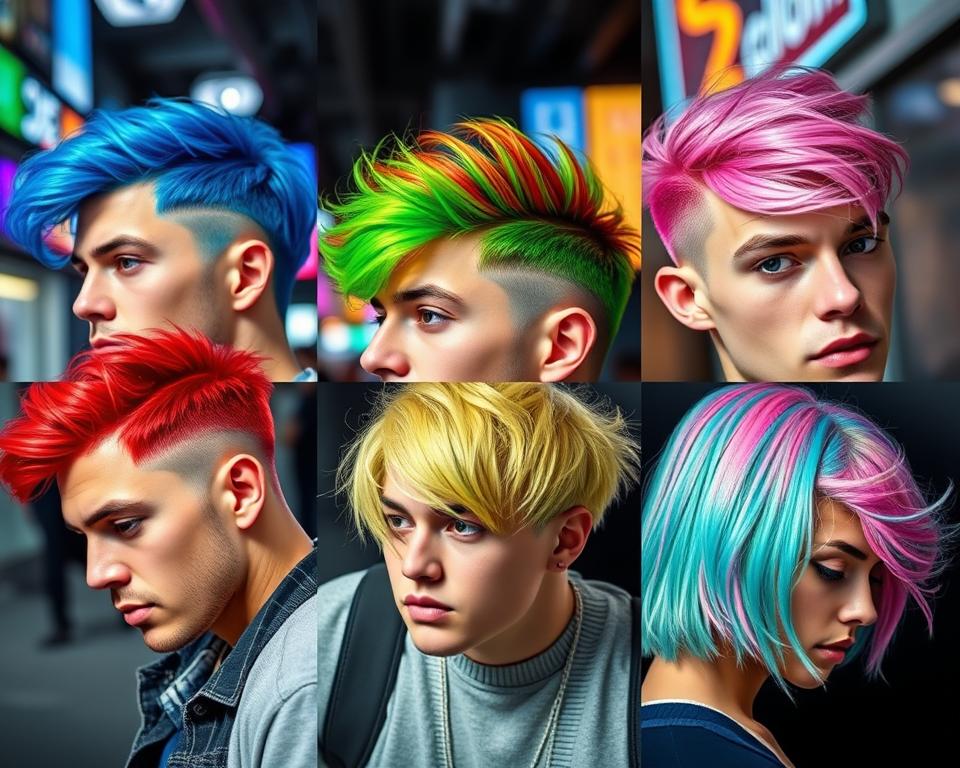 Vibrant and playful hair color options for men, featuring a diverse range of hairstyles