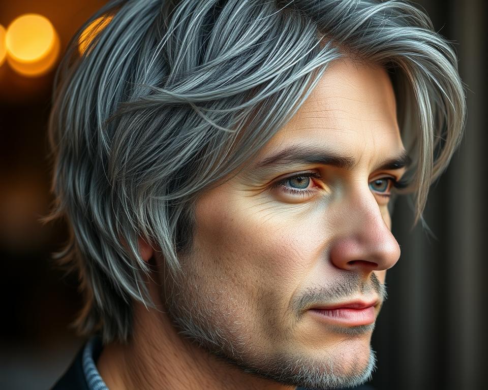 A close-up portrait of a stylish man with full gray hair, showcasing natural gray coverage techniques