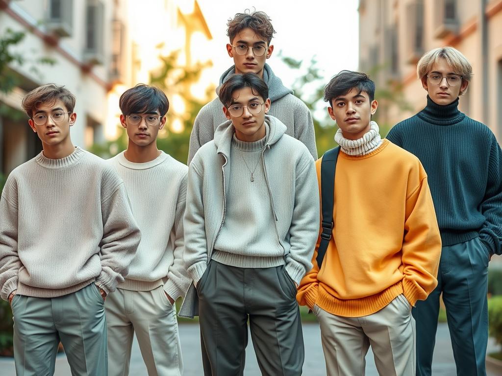 Aesthetic collection of soft boy style icons, featuring diverse young men in various soft, pastel-colored outfits, showcasing oversized sweaters, fitted trousers