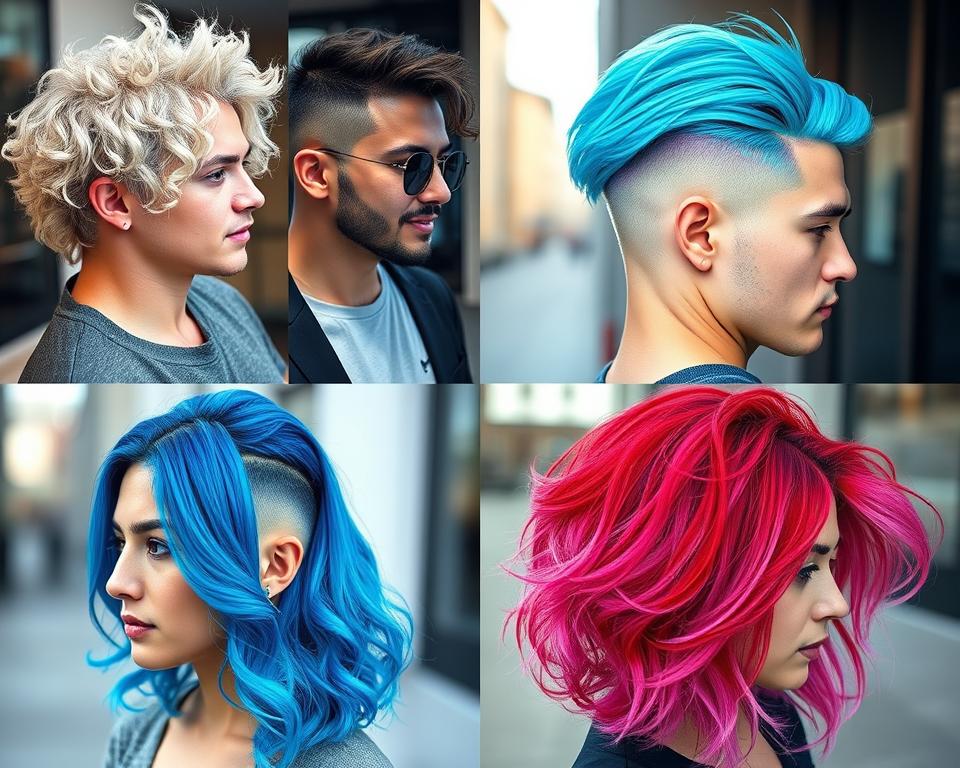 A vibrant collage of diverse hairstyles and hair colors for men