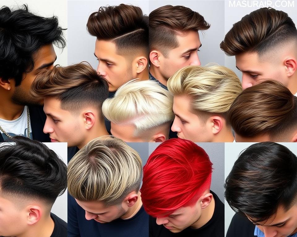 A diverse collection of men's hairstyles showcasing a variety of natural hair colors