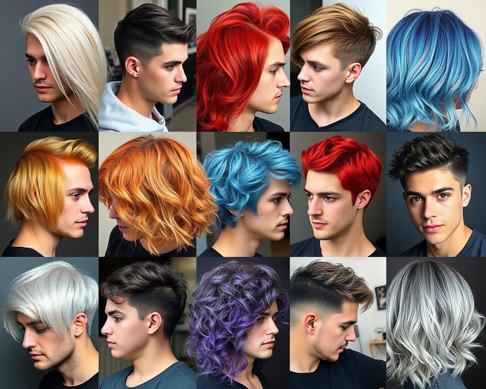 A vibrant collage showcasing various hair colors for men, featuring diverse hairstyles and hair types