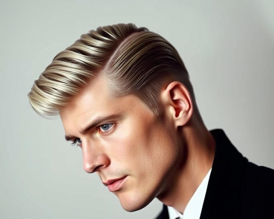 A striking portrait of a man with The Thin White Duke hairstyle, featuring sleek, slicked-back hair with sharp, defined lines, exuding elegance and sophistication