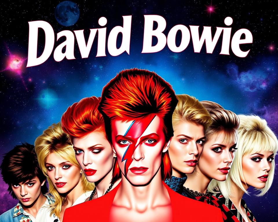 A vibrant collage of David Bowie's most iconic hairstyles over the decades