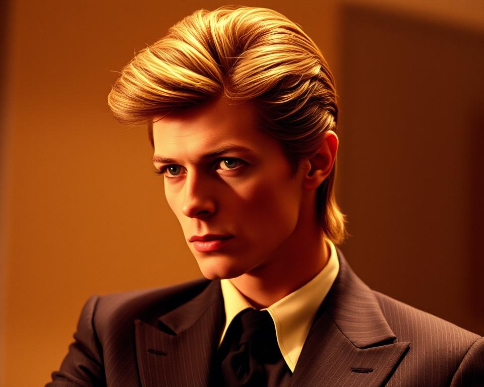 Late-period David Bowie with classic, refined hairstyle, wearing a tailored suit, soft lighting highlighting his features, a sleek and sophisticated atmosphere, elegant pose, warm color palette, vintage yet timeless style."