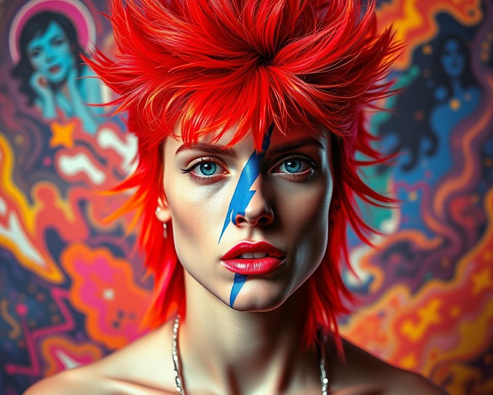 A vibrant, surreal portrait of a figure with striking red and orange hair styled in a bold, angular cut