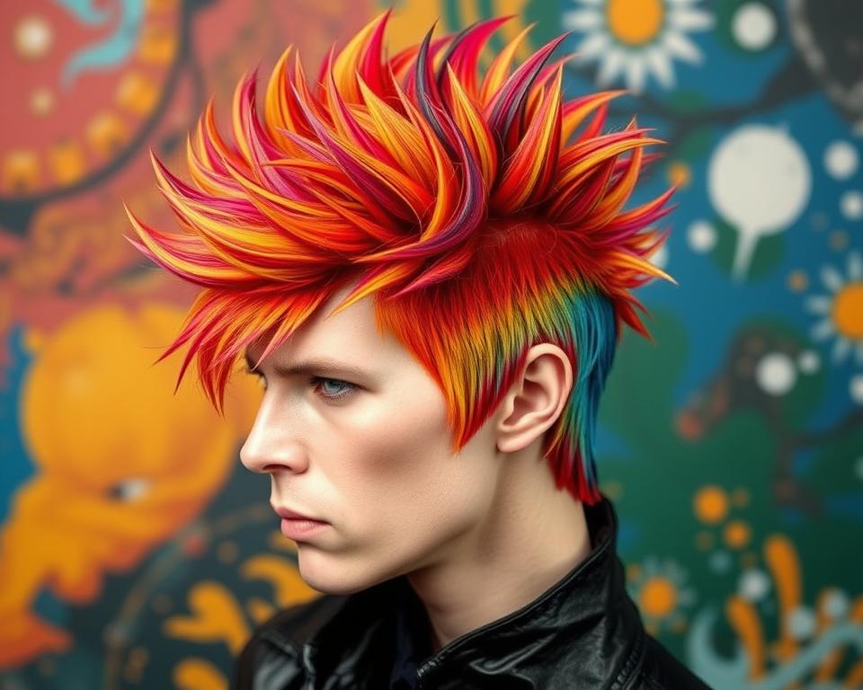 David Bowie inspired hairstyle from the Earthling era, featuring vibrant colors, textured layers, and futuristic styling