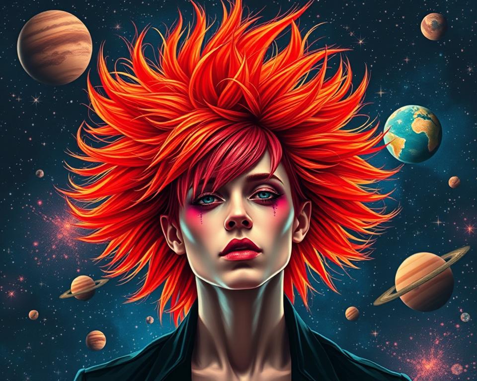 A vibrant, androgynous figure with a dramatic Ziggy Stardust hairstyle featuring bright red and orange hues,