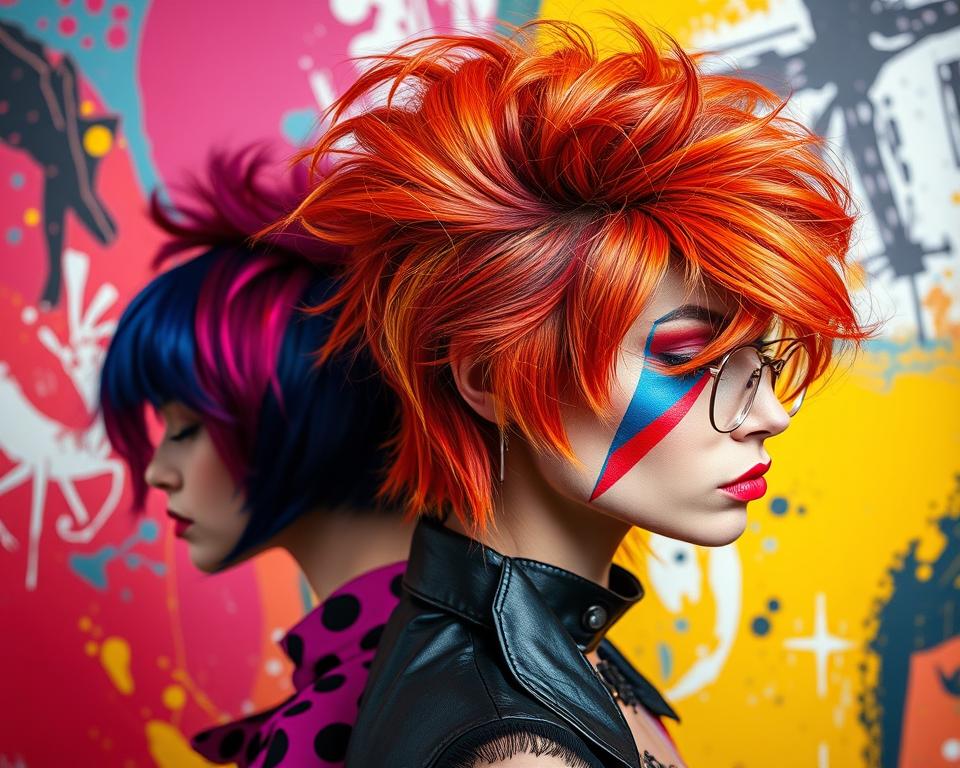 "David Bowie inspired 1980s hairstyles, featuring bold colors, dramatic shapes, and vibrant textures