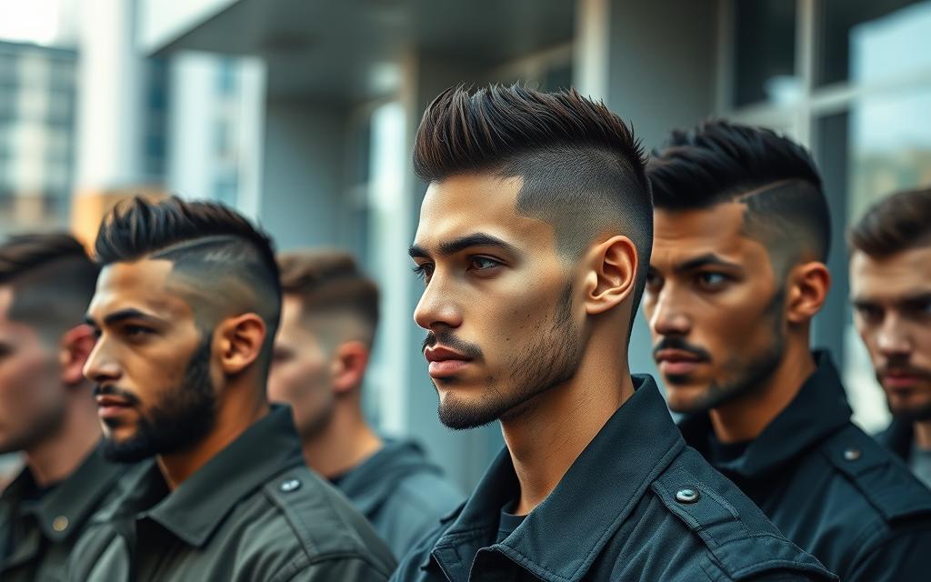 Group of men with trendy buzz cut hairstyles, sharp fades, and sleek looks, standing confidently outdoors