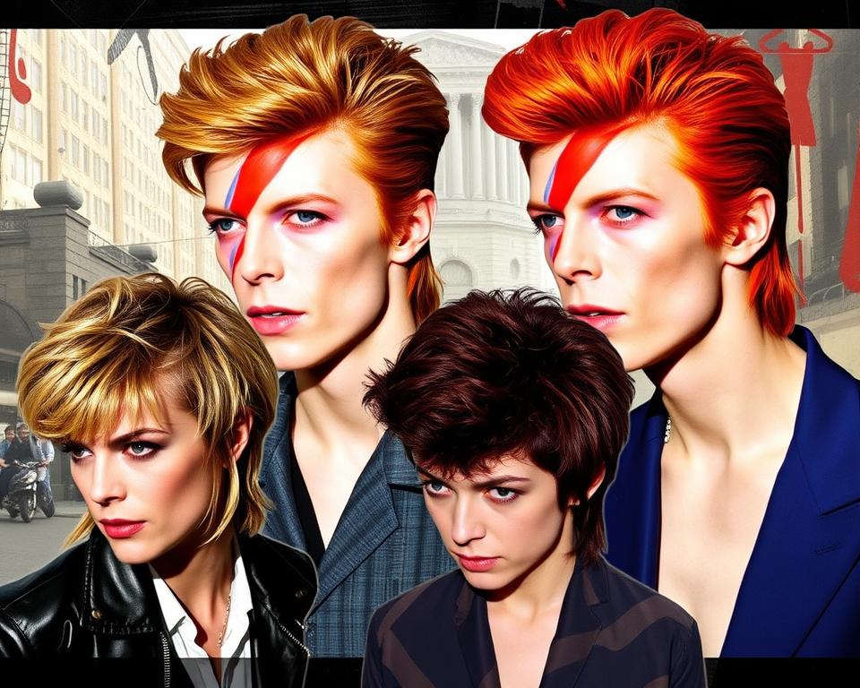 Collage of David Bowie's Berlin Trilogy hairstyles, featuring a mix of slicked-back hair, tousled texture, and bold colors, set against an abstract