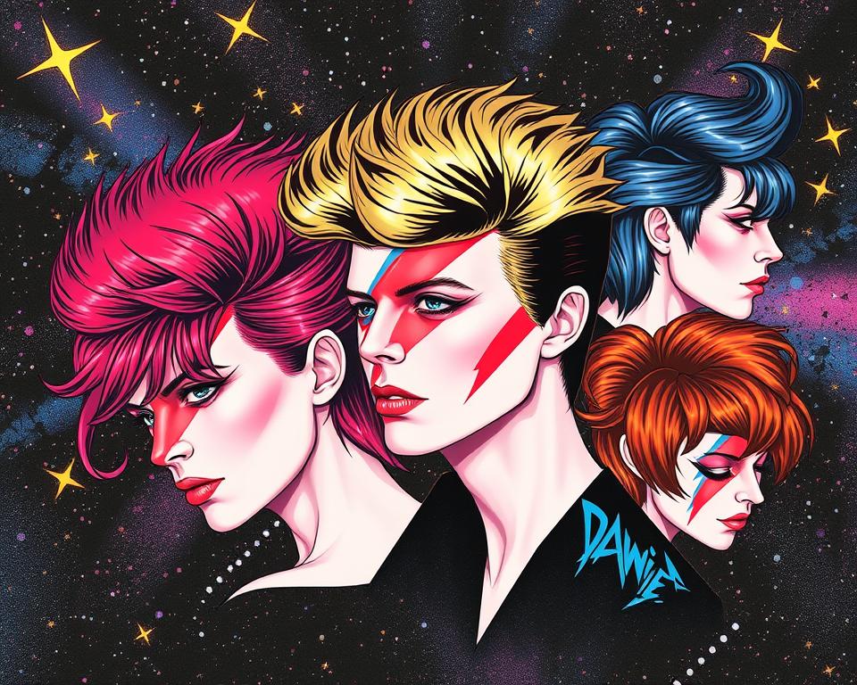 A collage of David Bowie-inspired hairstyles through different eras, showcasing vibrant colors and unique shapes,