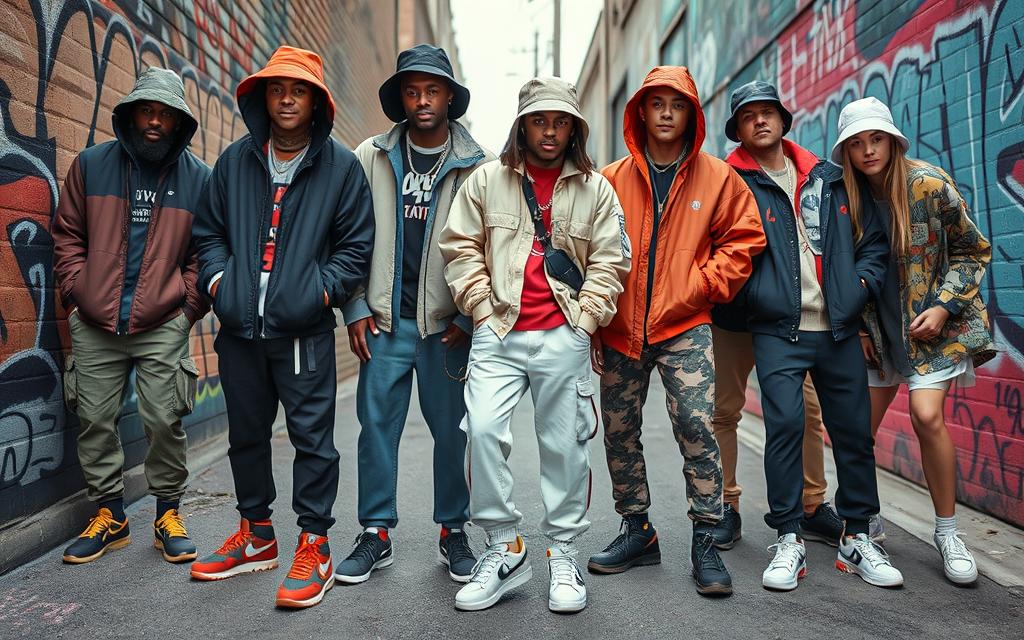 A vibrant street scene showcasing the evolution of streetwear fashion, featuring diverse outfits that blend urban aesthetics with high fashion elements