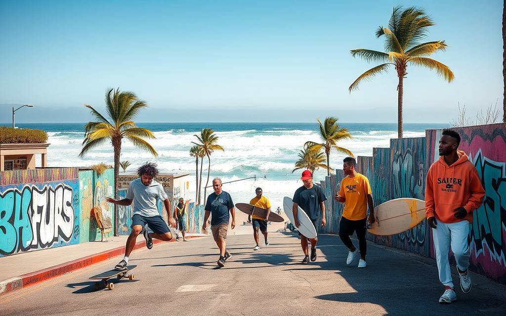 A vibrant urban scene capturing the essence of skate and surf cultures, featuring a dynamic mix of skateboarders performing tricks on a colorful street