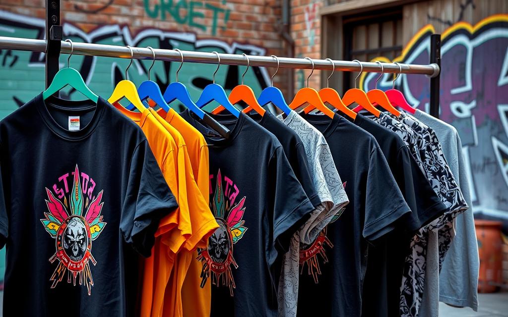 A vibrant streetwear scene showcasing a variety of graphic tees displayed on colorful hangers