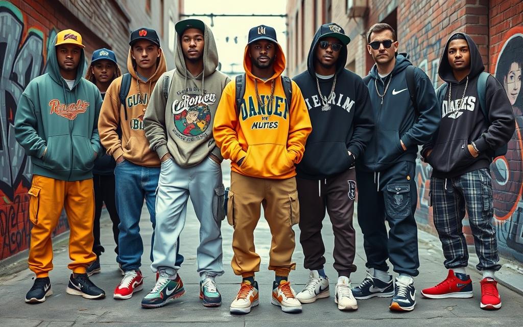 A vibrant urban scene showcasing diverse individuals styled in iconic streetwear outfits, featuring oversized hoodies, graphic tees, and bold sneakers