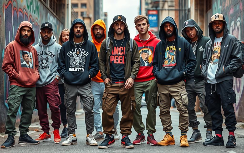 A vibrant urban scene showcasing diverse individuals styled in iconic streetwear outfits, featuring oversized hoodies, graphic tees, and bold sneakers