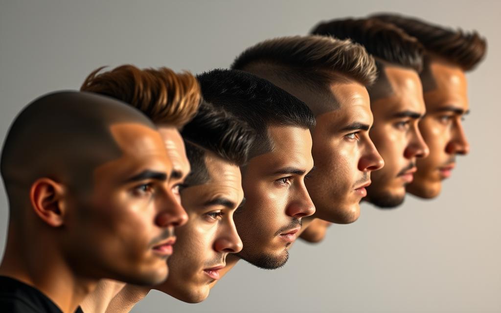 Profile view of men with various buzz cut hairstyles, showcasing sleek fades and sharp, modern grooming