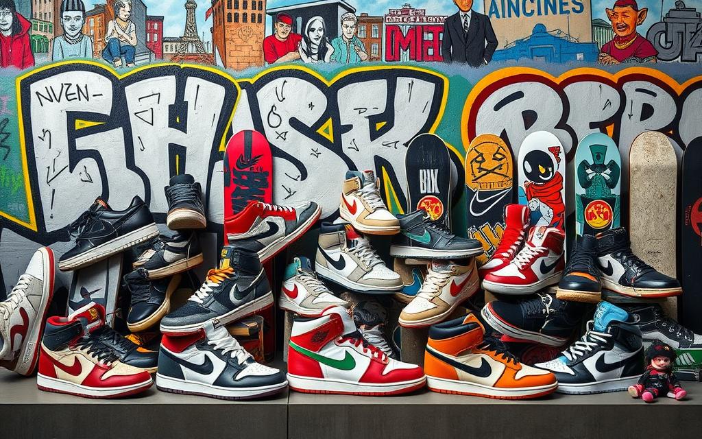 A vibrant urban landscape featuring a diverse group of stylish sneakers on display, showcasing various iconic sneaker designs and colorways