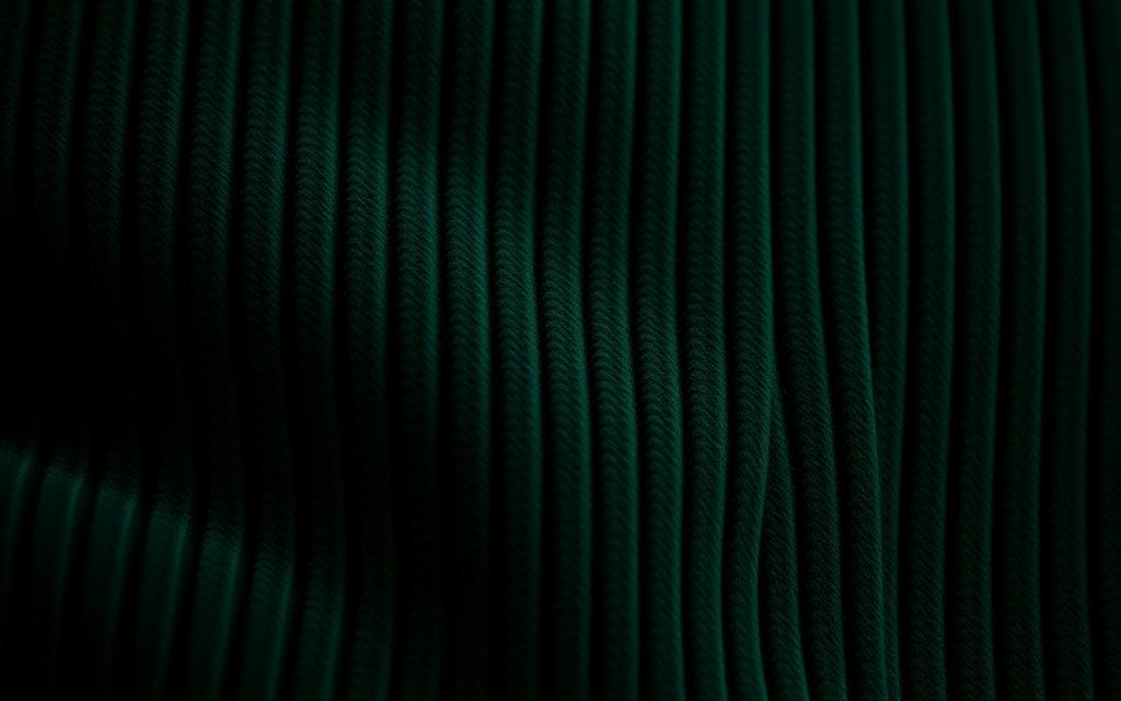 A close-up view of dark green corduroy fabric, showcasing its rich texture and ridges