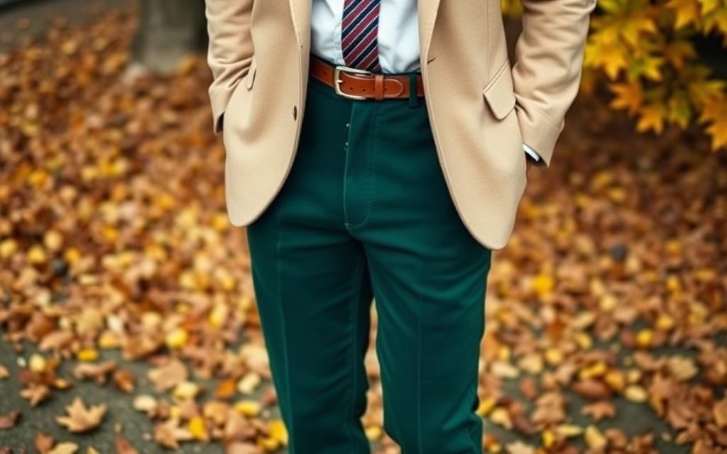 Classic men’s outfit featuring dark green corduroy pants, styled with a tailored beige blazer, white dress shirt, and brown leather shoes