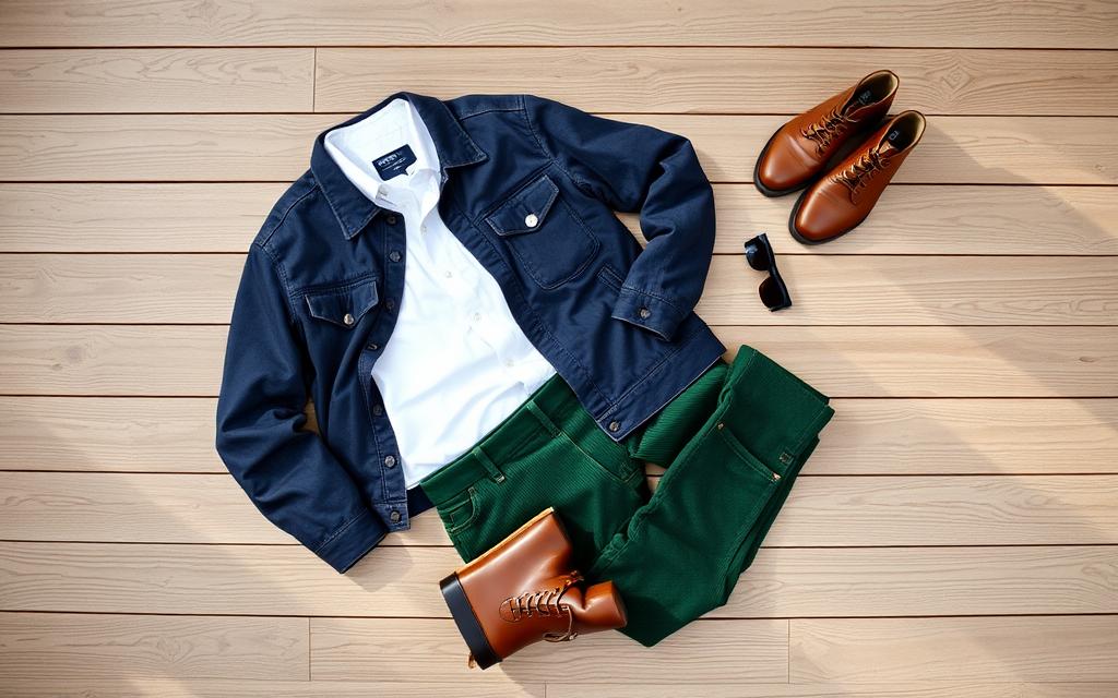 A stylish flat lay of trendy forest green corduroy pants paired with a crisp white shirt, a dark denim jacket, and brown leather boots