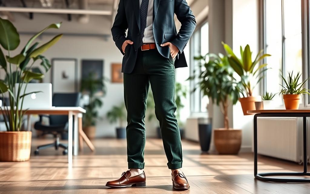 A stylish office setting featuring a well-dressed man wearing dark green corduroy pants, paired with a crisp white shirt and a tailored navy blaze