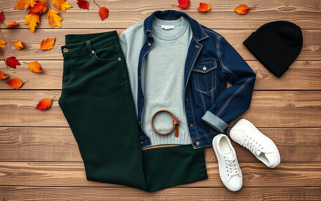 A stylish flat lay of casual outfits featuring dark green corduroy pants, paired with a light grey sweater